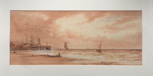 fig 1. THOMAS MORTIMER Signed Original Antique Watercolour Painting Fishing Boats off Coast 1 English Seascape