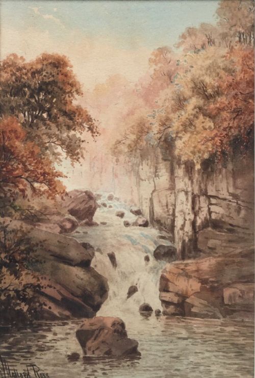 J Halford Ross Signed Original Antique English Watercolour Painting Waterfall & River Autumn Landscape