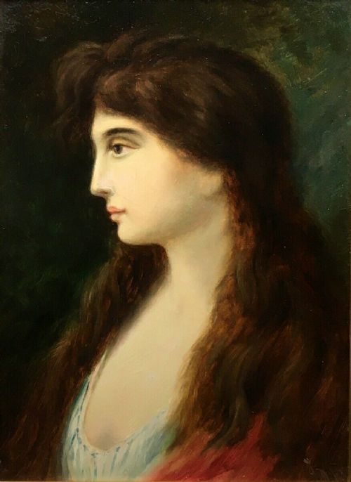 fig 1. James Dromgole Linton Pre-Raphaelite Original 19th Century English Antique Oil Painting on Board profile Portrait of a Young Lady
