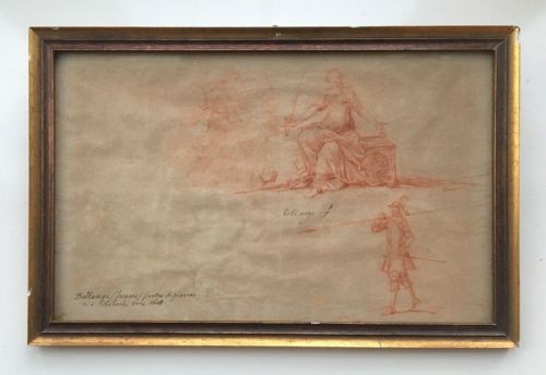 Circle of Jacques Bellange 17th Century Antique Original Red Chalk Sanguine Drawing Sketch Study Seated Female and Soldier Guard on Watermarked Paper