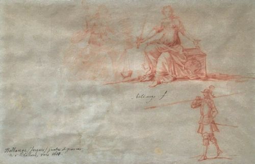 fig 1. Circle of Jacques Bellange 17th Century Antique Original Red Chalk Sanguine Drawing Sketch Study Seated Female and Soldier Guard on Watermarked Paper