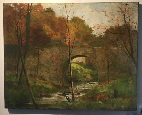 Indistinctly Signed Original Antique 1898 Oil Painting on Canvas River & Bridge Landscape