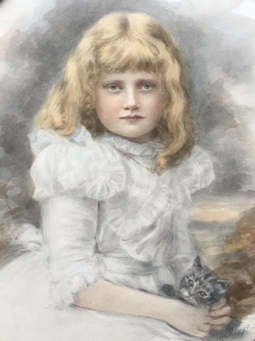 Keturah Collings Signed Original 19th Century English Antique Watercolour Portrait Painting of a Young Girl, Helen Garstin