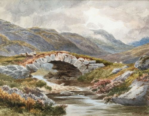 Signed W Mellor 1894 Original Antique Watercolour Painting Mountain Stream & Bridge Landscape