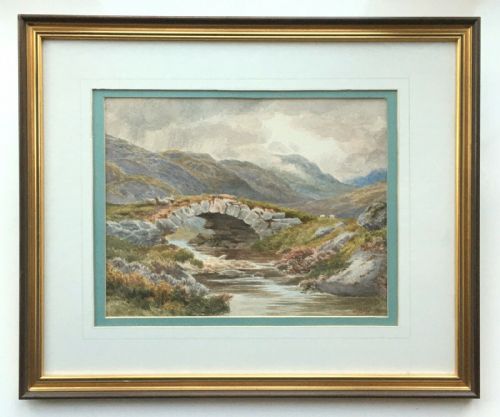 fig 1. Signed W Mellor 1894 Original Antique Watercolour Painting Mountain Stream & Bridge Landscape