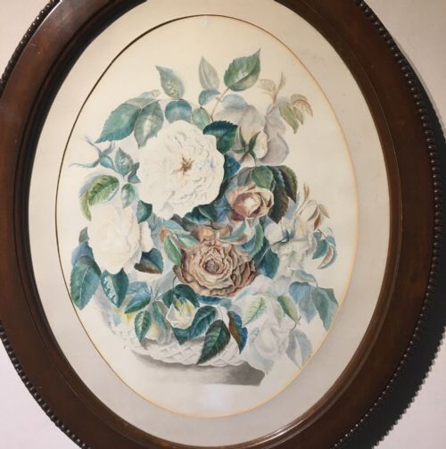 fig 1. Original Antique Oval Watercolour Painting Still Life Flowers & Frame
