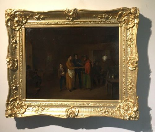Dutch School Original Antique Oil Painting on Wood Panel Interior Scene Figures