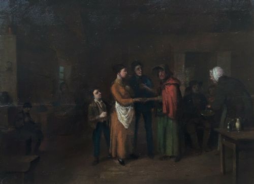 fig 1. Dutch School Original Antique Oil Painting on Wood Panel Interior Scene Figures