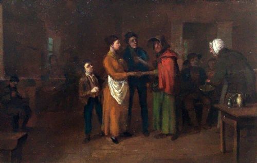 fig 2. Dutch School Original Antique Oil Painting on Wood Panel Interior Scene Figures
