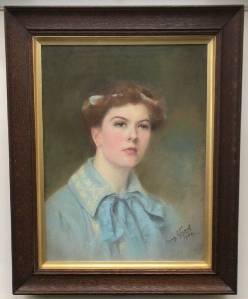 Original Signed Antique 1904 Pastel Portrait Study Painting of an Edwardian Lady in a Blue Dress