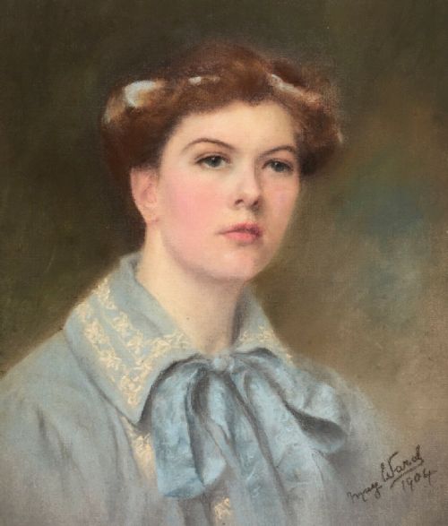 fig 1. Original Signed Antique 1904 Pastel Portrait Study Painting of an Edwardian Lady in a Blue Dress