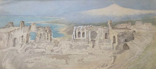 Signed Ejw Original C19th Antique Watercolour Painting Sicily Taormina & Mount Etna