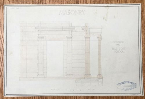 Original 1931 Vintage Architectural Drawing College of Art Leeds "Entrance to Blue Coat School"
