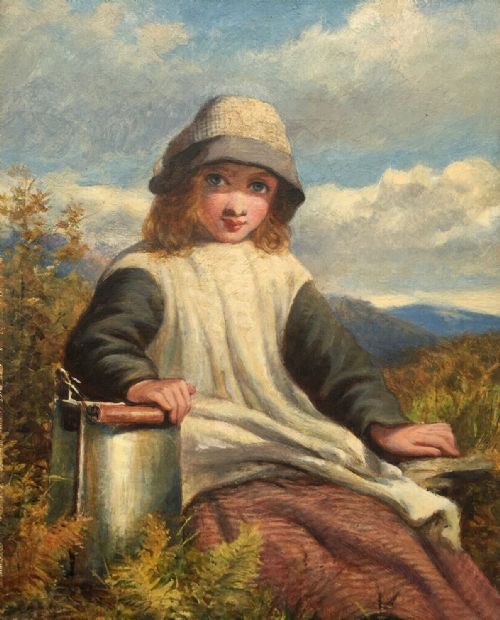 Circle of James John Hill Original 19th Century Antique Oil Painting on Canvas Portrait of a Girl with Milk Pail