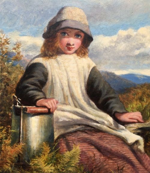 fig 1. Circle of James John Hill Original 19th Century Antique Oil Painting on Canvas Portrait of a Girl with Milk Pail