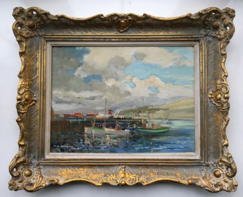 Gordon Clifford Barlow Original Vintage 20th Century Framed Oil Painting Mallaig Harbour Highlands Scotland Seascape