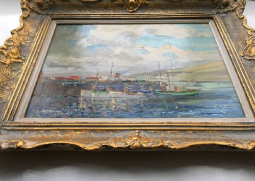 fig 1. Gordon Clifford Barlow Original Vintage 20th Century Framed Oil Painting Mallaig Harbour Highlands Scotland Seascape