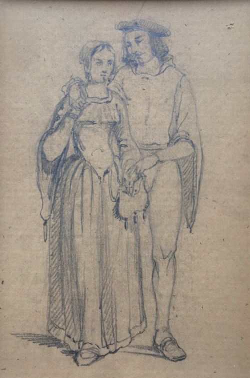 Ernest Henry Griset Original Antique Pencil Drawing Sketch of a Courting Couple