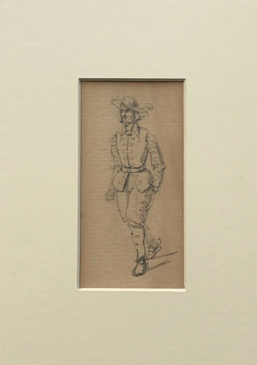 Ernest Henry Griset Original Antique Pencil Drawing Sketch of a C17th Cavalier