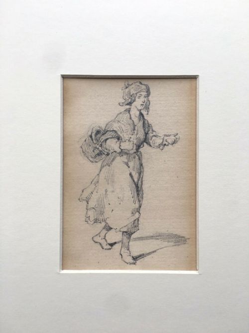Ernest Henry Griset Original C19th Pencil Drawing Sketch Pauper Lady with Basket