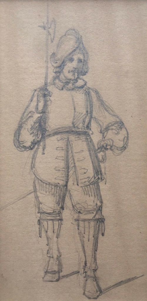 Ernest Henry Griset Original Antique Pencil Drawing Sketch of a C17th Soldier