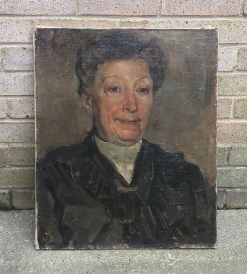 fig 1. Signed Antique French School Original c19th Antique Oil Painting on Canvas Portrait of a Lady Matriarch Figure