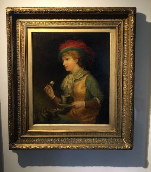 Original Antique Oil Painting on Canvas Portrait of a Young Lady Taking Tea, British School