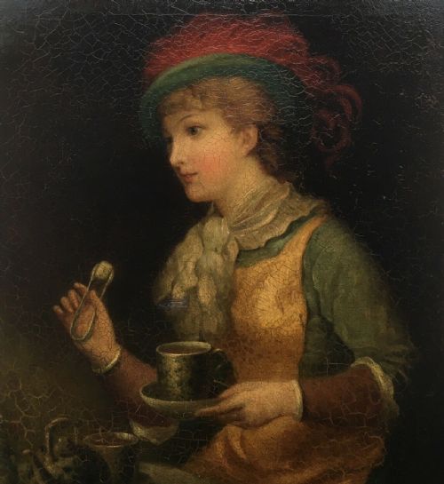 fig 1. Original Antique Oil Painting on Canvas Portrait of a Young lady taking Tea, British School