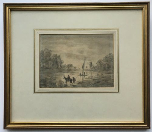 fig 1. Attributed Original early c19th Antique Drawing Study Figures in Lake Landscape