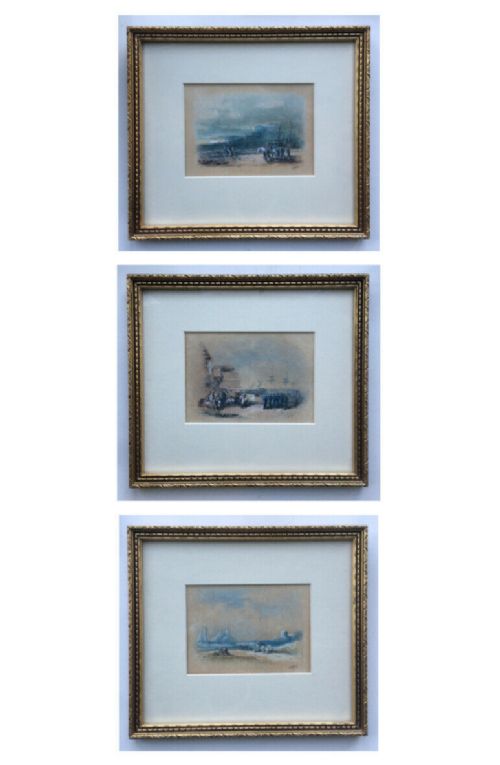 fig 1. F NORIE 3 (Three) Framed Original c18th Antique Miniature Watercolour Paintings Scottish Seascapes