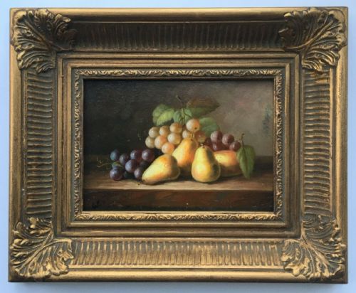 Signed Original English School Antique Oil Painting on Wood Panel, Still Life Fruit Pears and Grapes