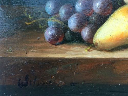 fig 1. Signed Original ENGLISH SCHOOL Antique Oil Painting on Wood Panel, Still Life Fruit Pears and Grapes