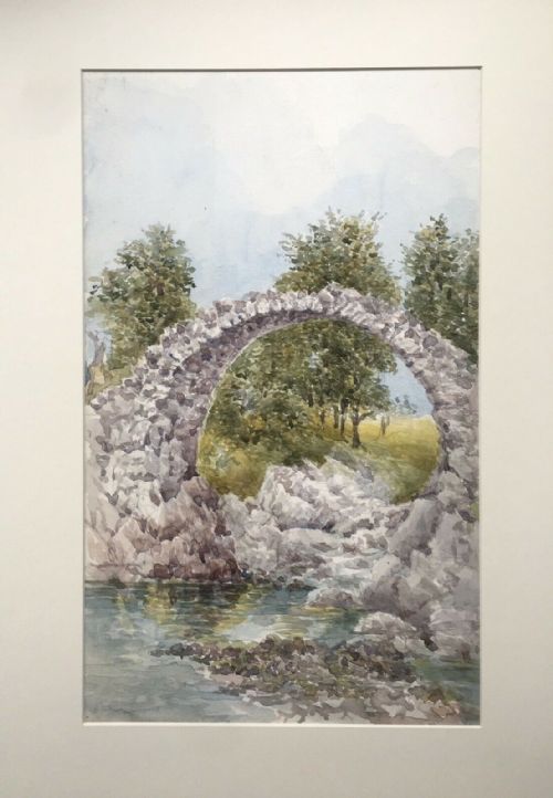 Original Antique Watercolour Painting Bridge Ruins & River Landscape
