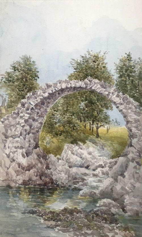 fig 1. Original Antique Watercolour Painting Bridge Ruins & River Landscape