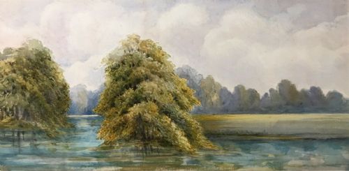 Original Antique Watercolour Painting Tree & River Landscape Study