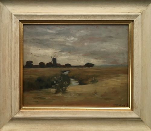 Von Goring Original Dutch School Signed Vintage Oil Painting Landscape on Wood Panel, River & Windmill View