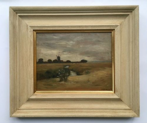 fig 1. Von Goring Original Dutch School Signed Vintage Oil Painting Landscape on Wood Panel, River & Windmill View