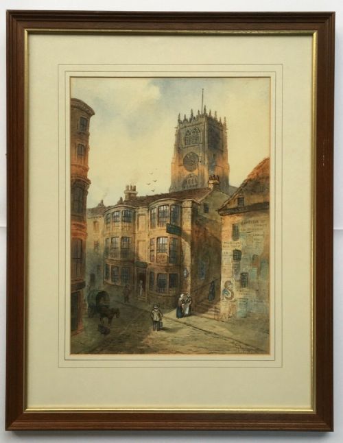 fig 2. A Armitage Signed Antique Original English Watercolour Painting Church Steps Inn, Old Bradford Townscape