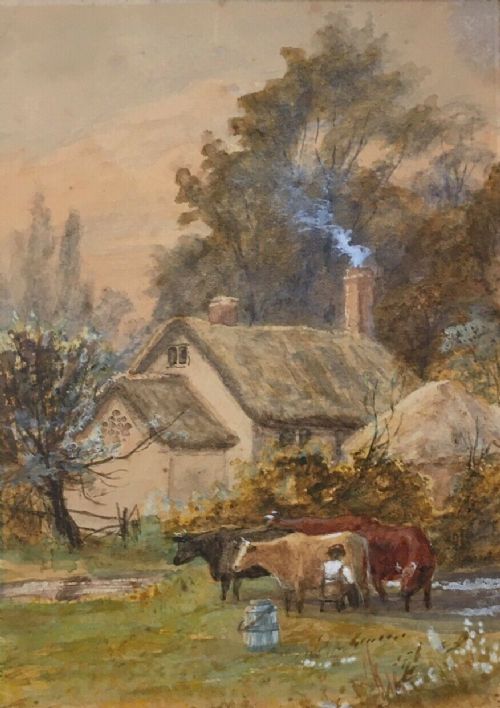 Original 19th Century English School Antique Watercolour Painting Landscape Cottage Milking Pastoral