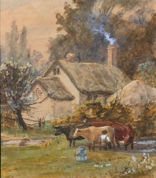 fig 1. Original 19th Century English School Antique Watercolour Painting Landscape Cottage Milking Pastoral
