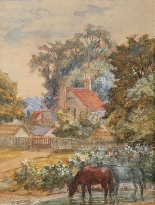English School Antique Cottage & Horses Pastoral Original Watercolour Painting