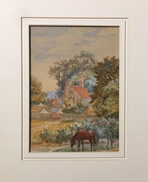 fig 1. English School Antique Cottage & Horses Pastoral Original Watercolour Painting