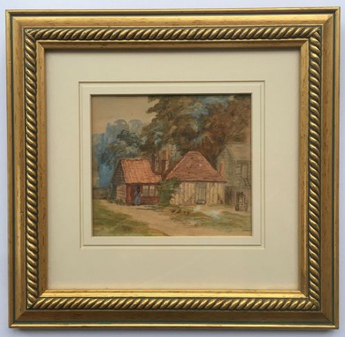 Original 19th Century English Antique Watercolour Painting Farm Buildings with Hens and Figure Landscape