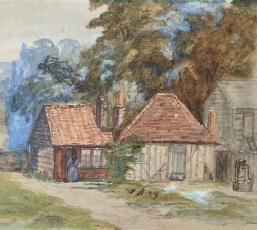 fig 1. Original 19th Century English Antique Watercolour Painting Farm Buildings with Hens and Figure Landscape