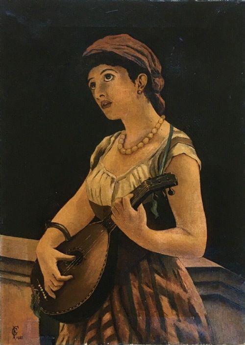 Attributed to Fred G Griffiths Original 19th Century Antique Oil Painting on Canvas Portrait Lady Playing a Lute