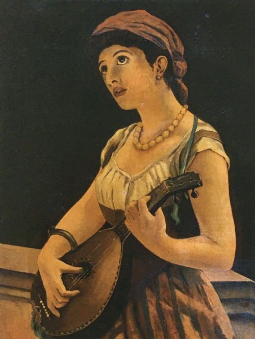 fig 1. Attributed to Fred G Griffiths Original 19th Century Antique Oil Painting on canvas Portrait Lady Playing a Lute