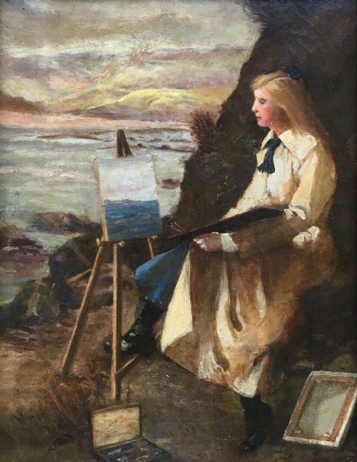 Signed Original Framed Antique Oil Painting Portrait of Artist Lady in Landscape