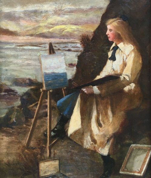 fig 1. Signed Original Framed Antique Oil Painting Portrait of Artist Lady in Landscape