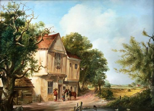 Original 19th Century Oil Painting on Panel Swan Inn & Figures Village Landscape