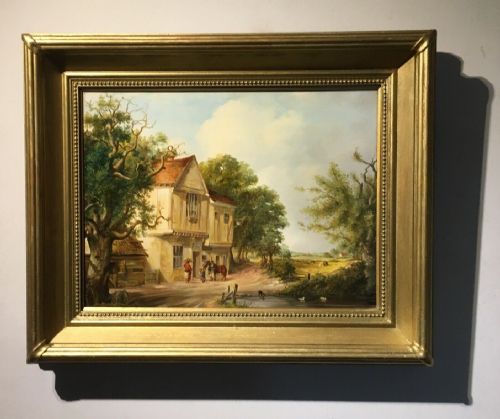 fig 1. Original 19th Century Oil Painting on Panel Swan Inn & Figures Village Landscape